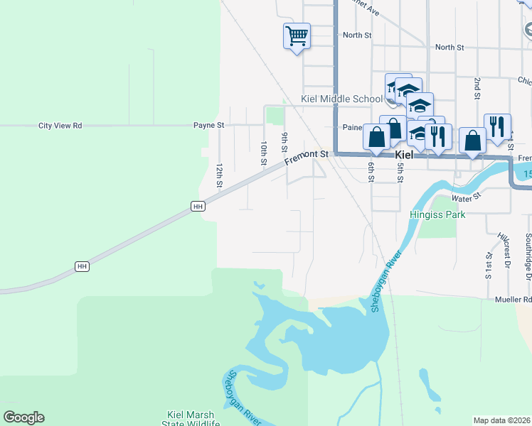 map of restaurants, bars, coffee shops, grocery stores, and more near 508 11th Street in Kiel