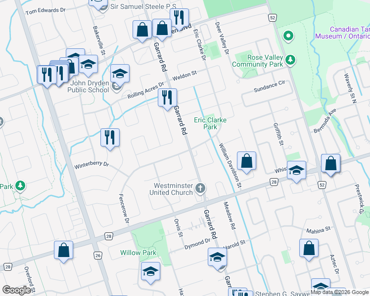 map of restaurants, bars, coffee shops, grocery stores, and more near 144 Fencerow Drive in Whitby