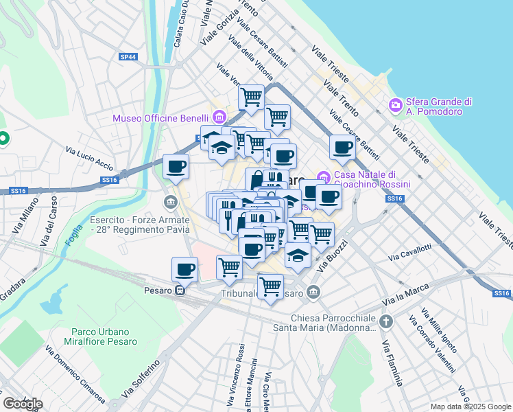 map of restaurants, bars, coffee shops, grocery stores, and more near 34-54 Via delle Galigarie in Pesaro
