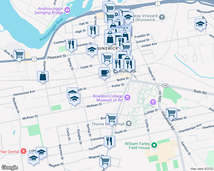 map of restaurants, bars, coffee shops, grocery stores, and more near 20 Page Street in Brunswick