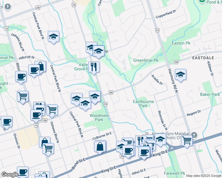 map of restaurants, bars, coffee shops, grocery stores, and more near in Oshawa