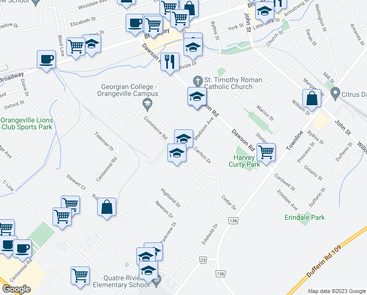 map of restaurants, bars, coffee shops, grocery stores, and more near 69 Madison Avenue in Orangeville