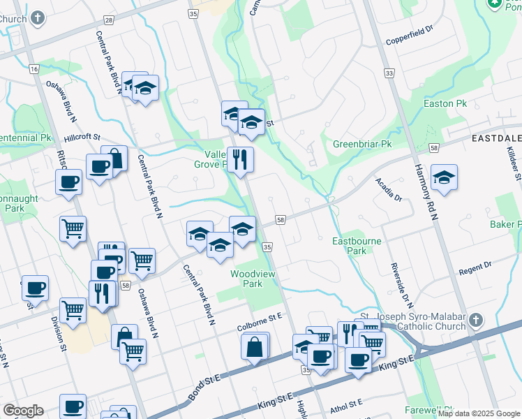 map of restaurants, bars, coffee shops, grocery stores, and more near in Oshawa