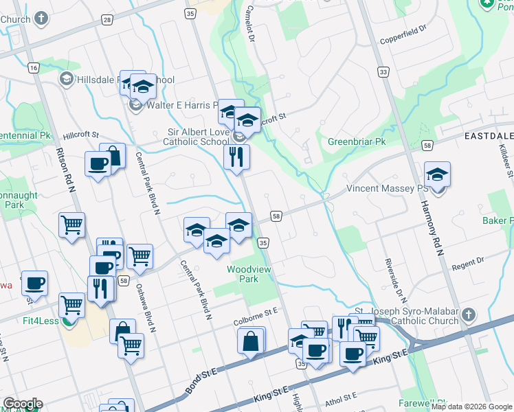 map of restaurants, bars, coffee shops, grocery stores, and more near 303 Wilson Road North in Oshawa
