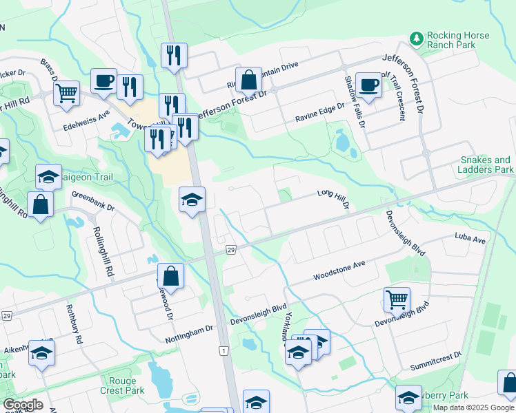 map of restaurants, bars, coffee shops, grocery stores, and more near 12 Anglin Drive in Richmond Hill