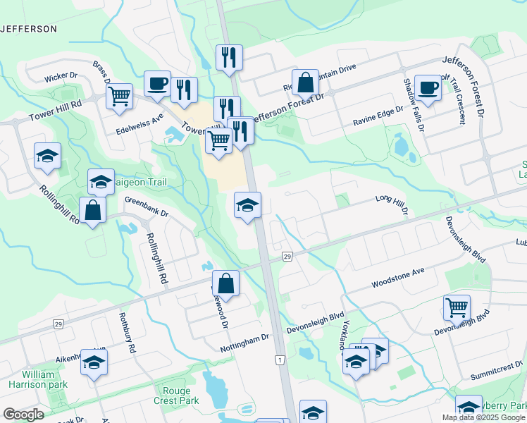 map of restaurants, bars, coffee shops, grocery stores, and more near 11611 Yonge Street in Richmond Hill