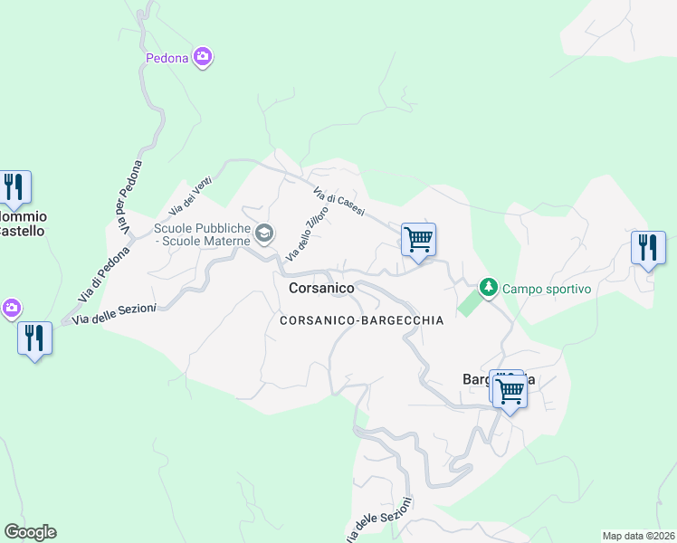 map of restaurants, bars, coffee shops, grocery stores, and more near 5216 Via delle Sezioni in Corsanico