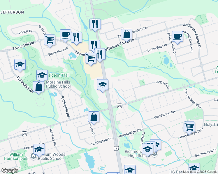 map of restaurants, bars, coffee shops, grocery stores, and more near 11611 Yonge Street in Richmond Hill
