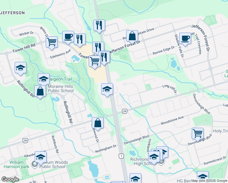 map of restaurants, bars, coffee shops, grocery stores, and more near 11611 Yonge Street in Richmond Hill