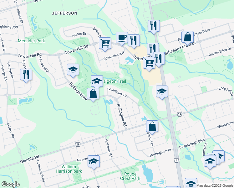 map of restaurants, bars, coffee shops, grocery stores, and more near 70 Greenbank Drive in Richmond Hill