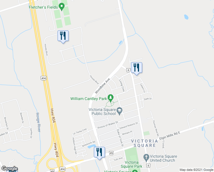 map of restaurants, bars, coffee shops, grocery stores, and more near 26 Living Crescent in Markham
