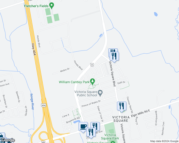map of restaurants, bars, coffee shops, grocery stores, and more near 26 Living Crescent in Markham