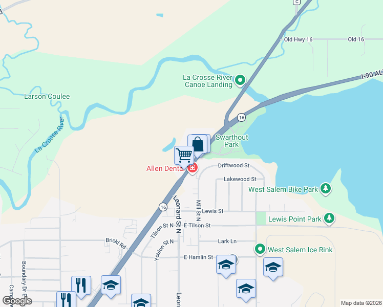 map of restaurants, bars, coffee shops, grocery stores, and more near 201 County C in West Salem