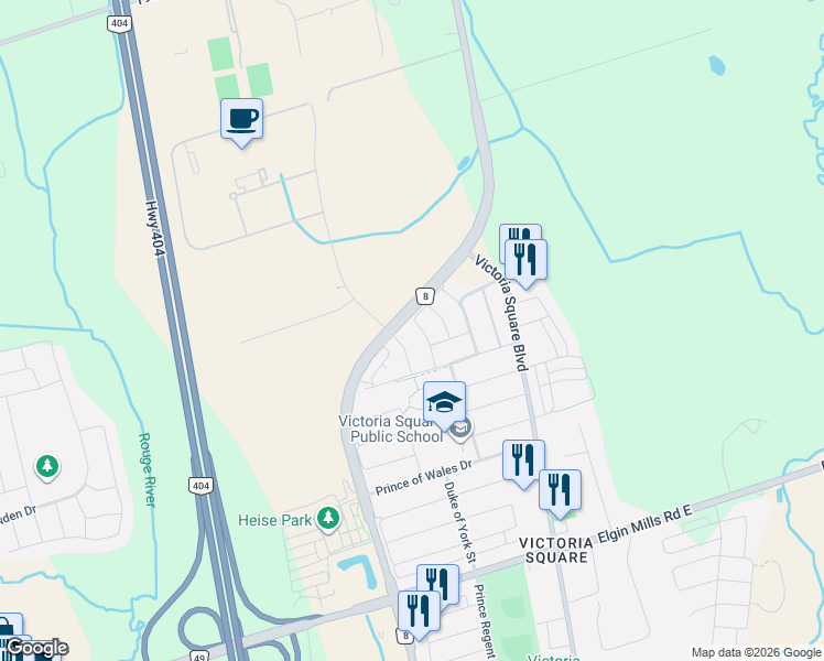 map of restaurants, bars, coffee shops, grocery stores, and more near 26 Living Crescent in Markham