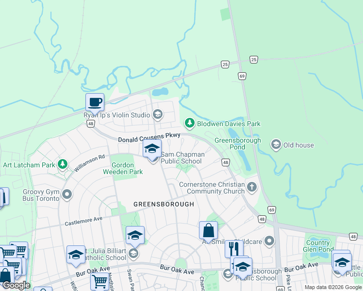 map of restaurants, bars, coffee shops, grocery stores, and more near Cheswick Court in Markham