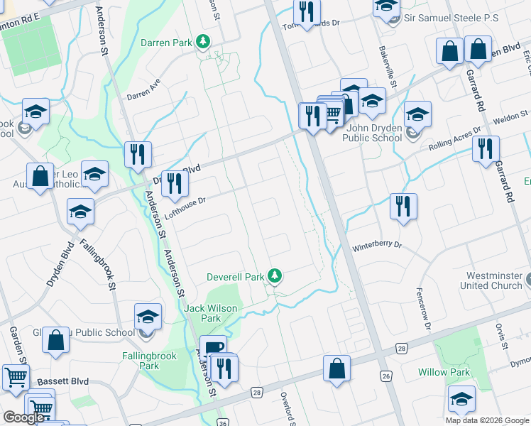 map of restaurants, bars, coffee shops, grocery stores, and more near 43 Falstaff Crescent in Whitby