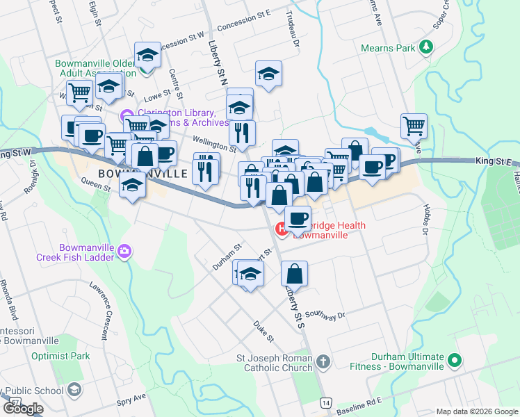 map of restaurants, bars, coffee shops, grocery stores, and more near 180 King Street East in Clarington