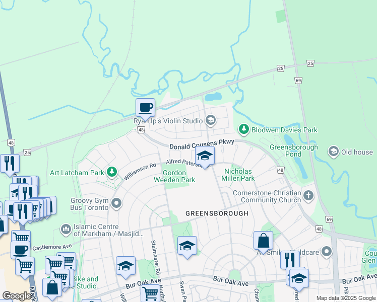 map of restaurants, bars, coffee shops, grocery stores, and more near 10 Jeffrey Nihda Crescent in Markham