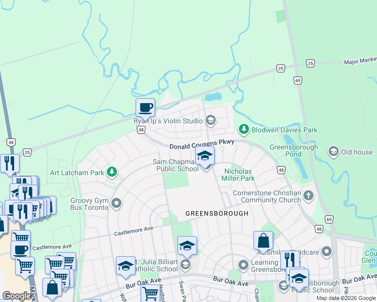 map of restaurants, bars, coffee shops, grocery stores, and more near 10 Jeffrey Nihda Crescent in Markham