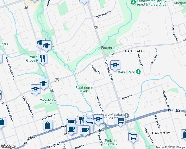 map of restaurants, bars, coffee shops, grocery stores, and more near 255 Arden Drive in Oshawa