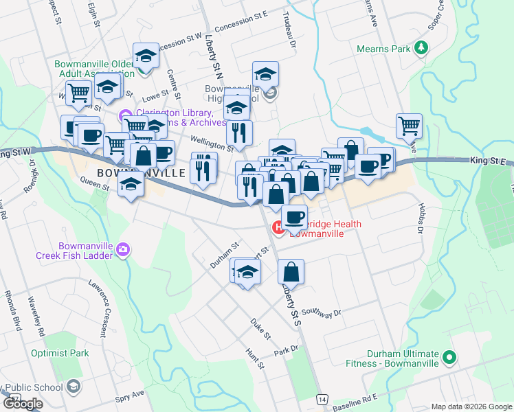 map of restaurants, bars, coffee shops, grocery stores, and more near 2 Liberty Street South in Clarington