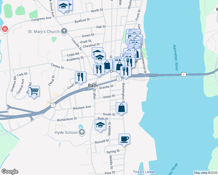 map of restaurants, bars, coffee shops, grocery stores, and more near 735 Middle Street in Bath