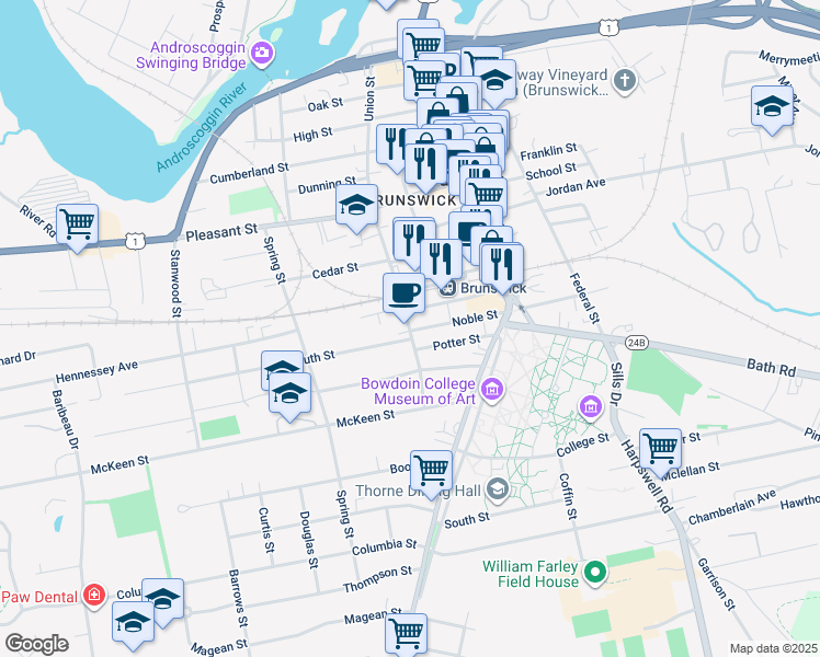 map of restaurants, bars, coffee shops, grocery stores, and more near 84B Union Street in Brunswick