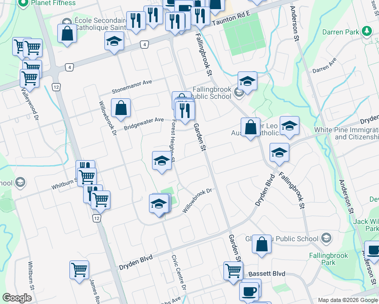 map of restaurants, bars, coffee shops, grocery stores, and more near 53 Greenbush Place in Whitby
