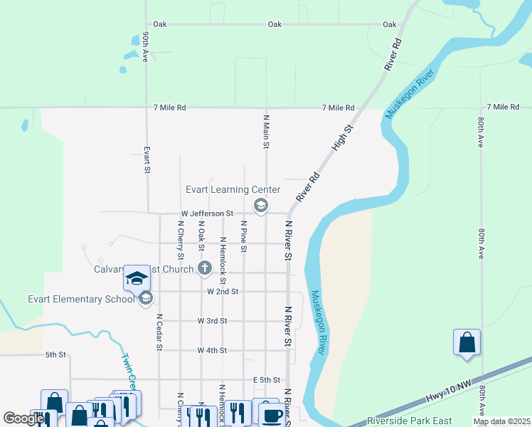 map of restaurants, bars, coffee shops, grocery stores, and more near 901 North Main Street in Evart