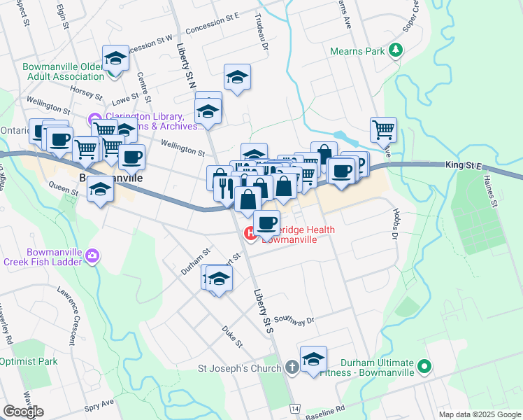 map of restaurants, bars, coffee shops, grocery stores, and more near 222 King Street East in Bowmanville