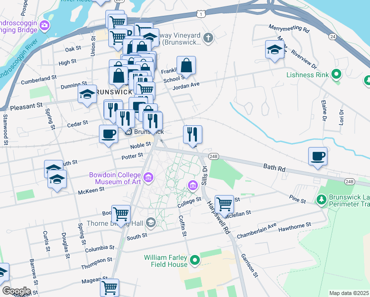 map of restaurants, bars, coffee shops, grocery stores, and more near 9 Bath Road in Brunswick