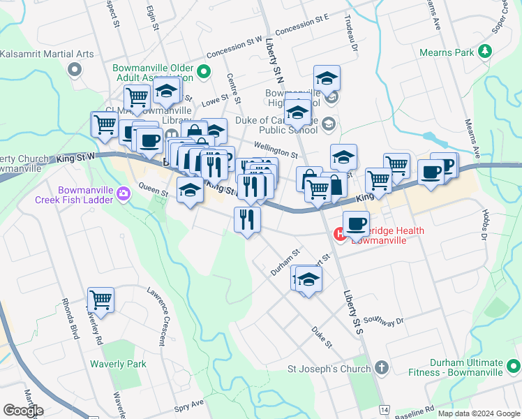 map of restaurants, bars, coffee shops, grocery stores, and more near in Bowmanville