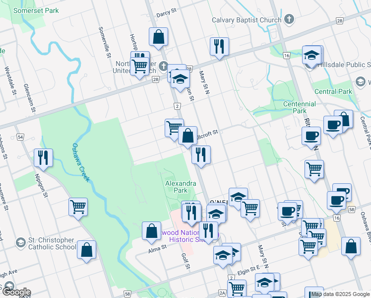 map of restaurants, bars, coffee shops, grocery stores, and more near in Oshawa