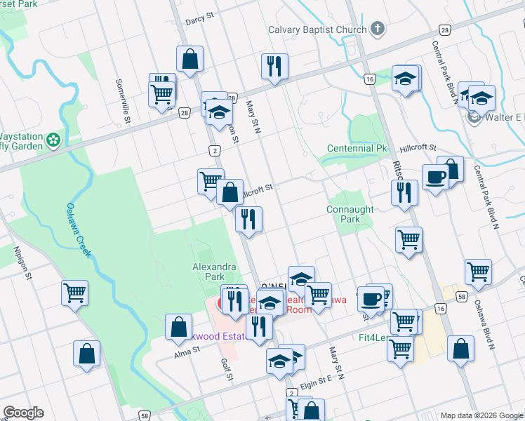map of restaurants, bars, coffee shops, grocery stores, and more near 477 Masson Street in Oshawa