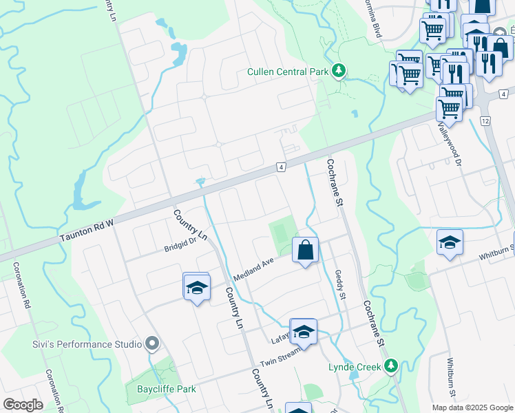 map of restaurants, bars, coffee shops, grocery stores, and more near 65 Splendor Drive in Whitby