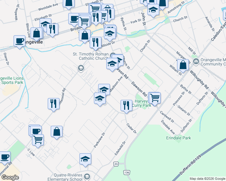map of restaurants, bars, coffee shops, grocery stores, and more near 44 Madison Avenue in Orangeville