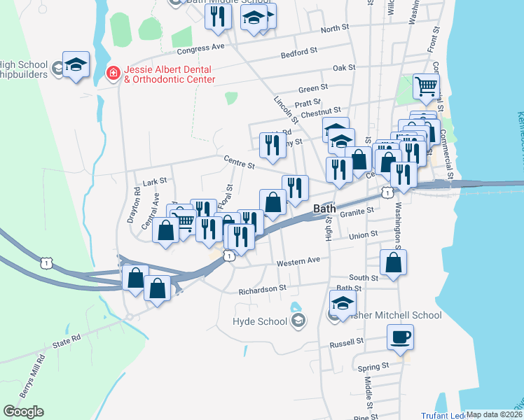 map of restaurants, bars, coffee shops, grocery stores, and more near 95 Court Street in Bath