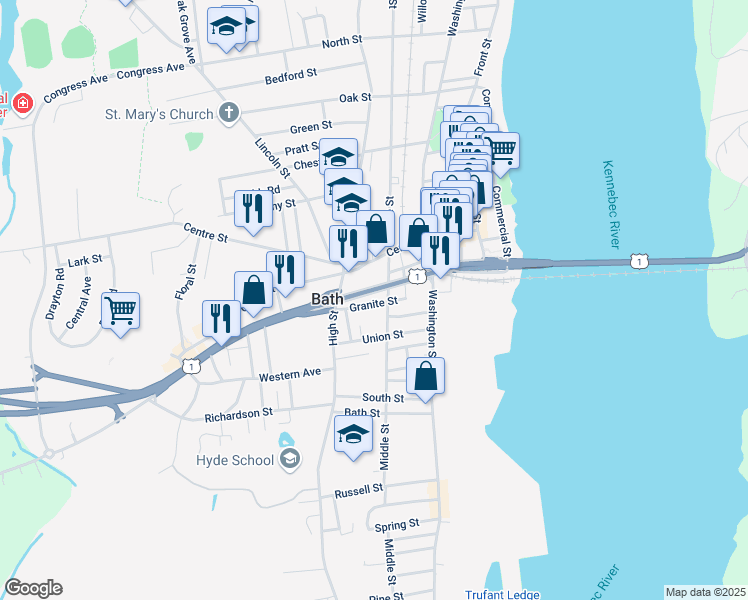 map of restaurants, bars, coffee shops, grocery stores, and more near 154 Centre Street in Bath