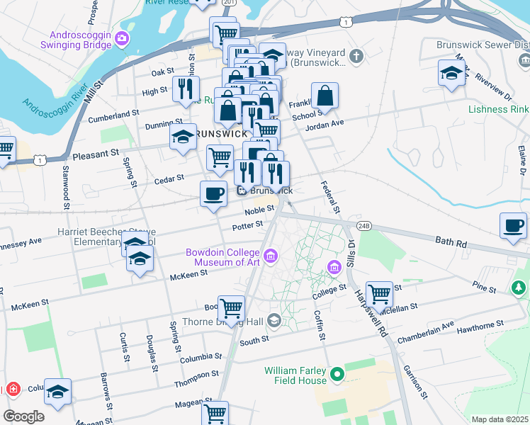 map of restaurants, bars, coffee shops, grocery stores, and more near 10 Noble Street in Brunswick