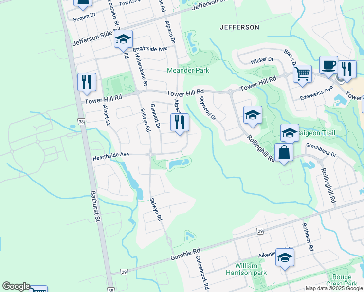 map of restaurants, bars, coffee shops, grocery stores, and more near 32 Alpaca Drive in Richmond Hill