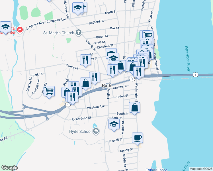 map of restaurants, bars, coffee shops, grocery stores, and more near in Bath