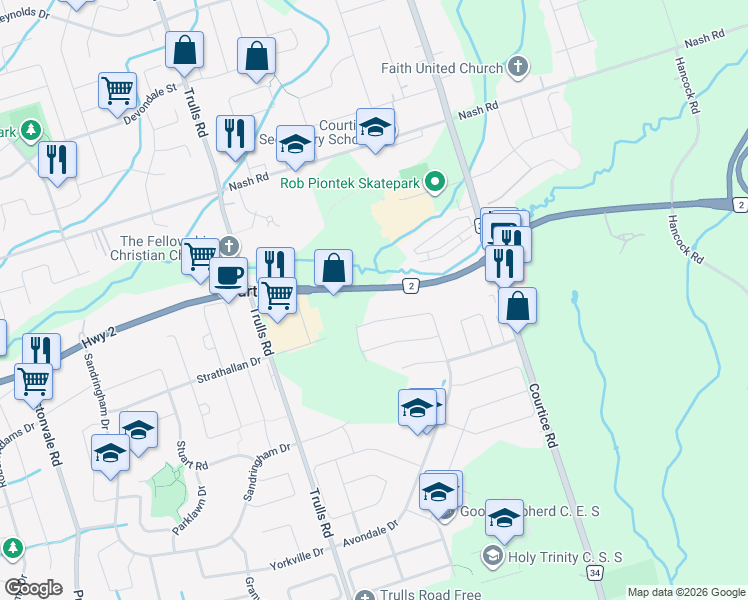 map of restaurants, bars, coffee shops, grocery stores, and more near 1697 Durham Regional Highway 2 in Courtice