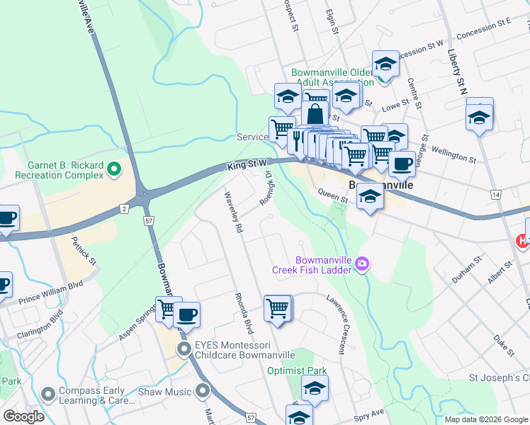 map of restaurants, bars, coffee shops, grocery stores, and more near 96 Little Avenue in Bowmanville