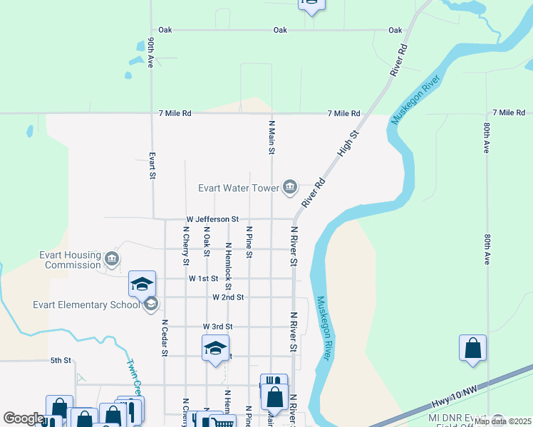 map of restaurants, bars, coffee shops, grocery stores, and more near 901 North Main Street in Evart