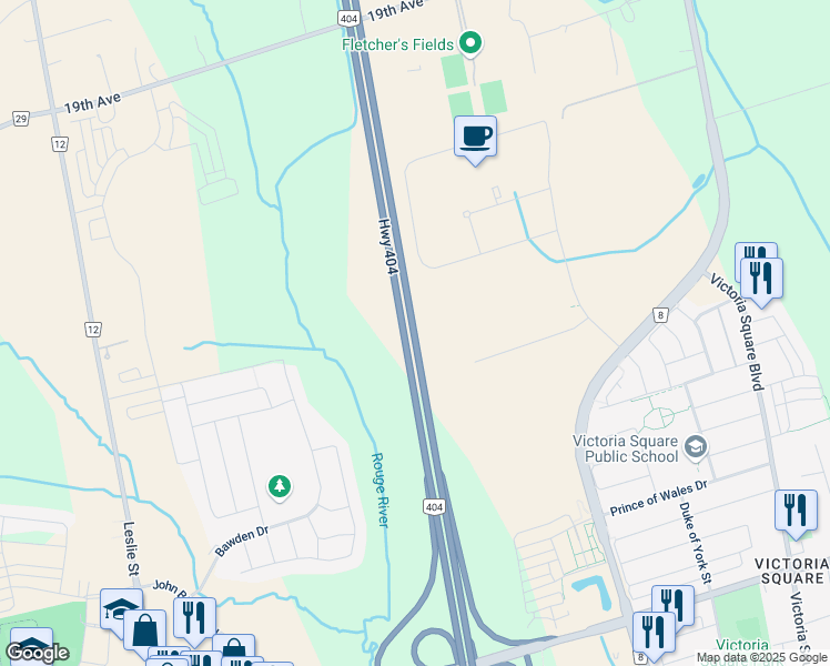 map of restaurants, bars, coffee shops, grocery stores, and more near Highway 404 in Richmond Hill