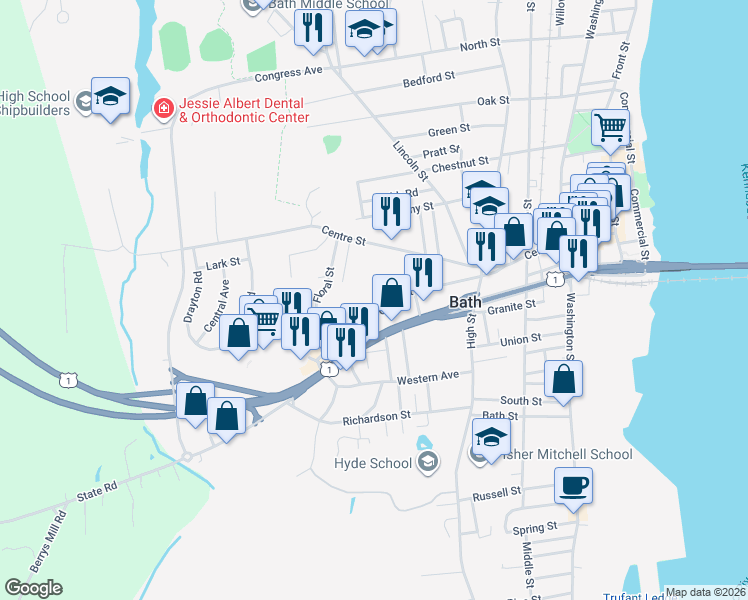 map of restaurants, bars, coffee shops, grocery stores, and more near 95 Court Street in Bath