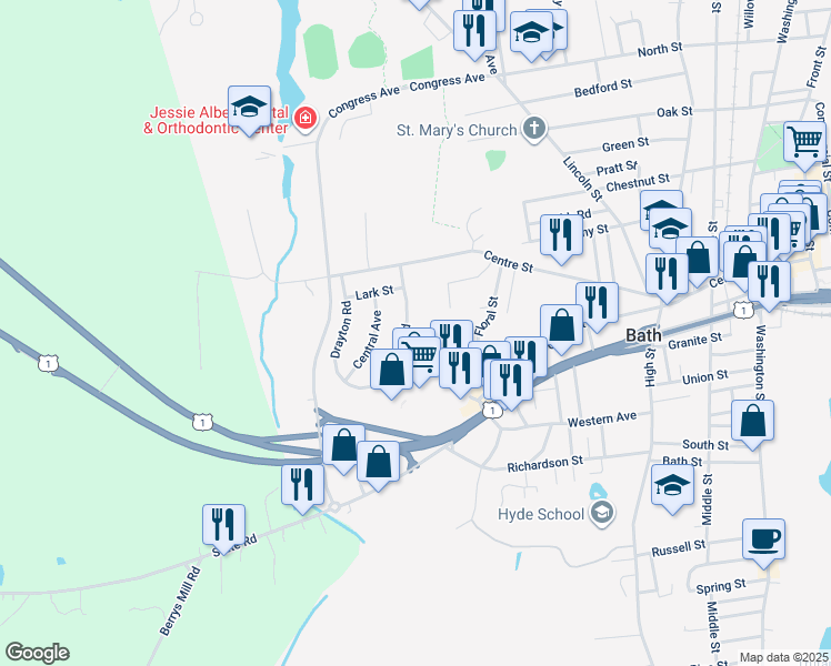 map of restaurants, bars, coffee shops, grocery stores, and more near 85 Bluff Road in Bath