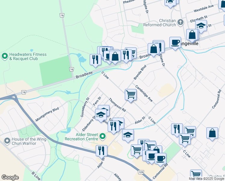 map of restaurants, bars, coffee shops, grocery stores, and more near 48 C Line in Orangeville