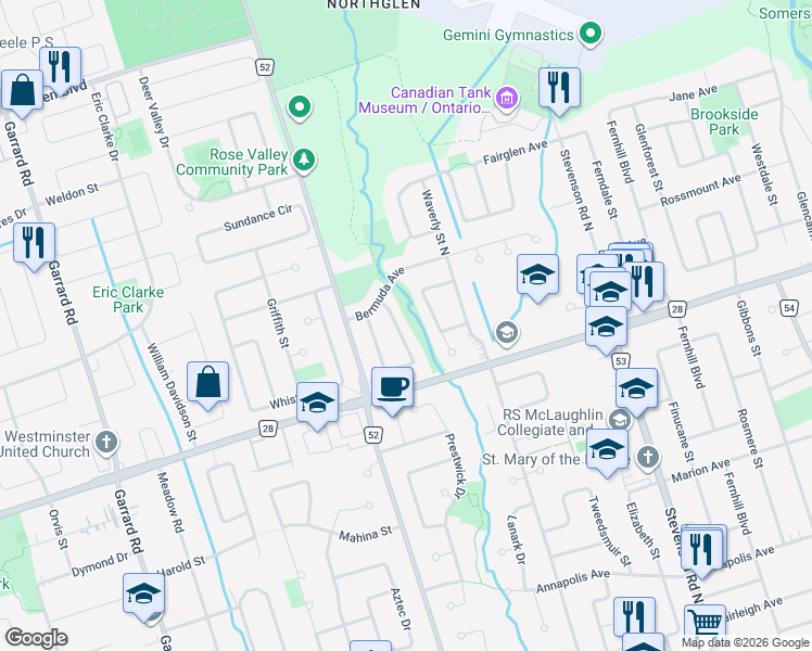 map of restaurants, bars, coffee shops, grocery stores, and more near 574 Antigua Crescent in Oshawa