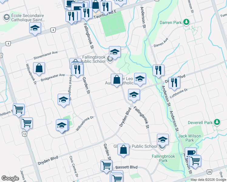map of restaurants, bars, coffee shops, grocery stores, and more near 16 Parnell Crescent in Whitby